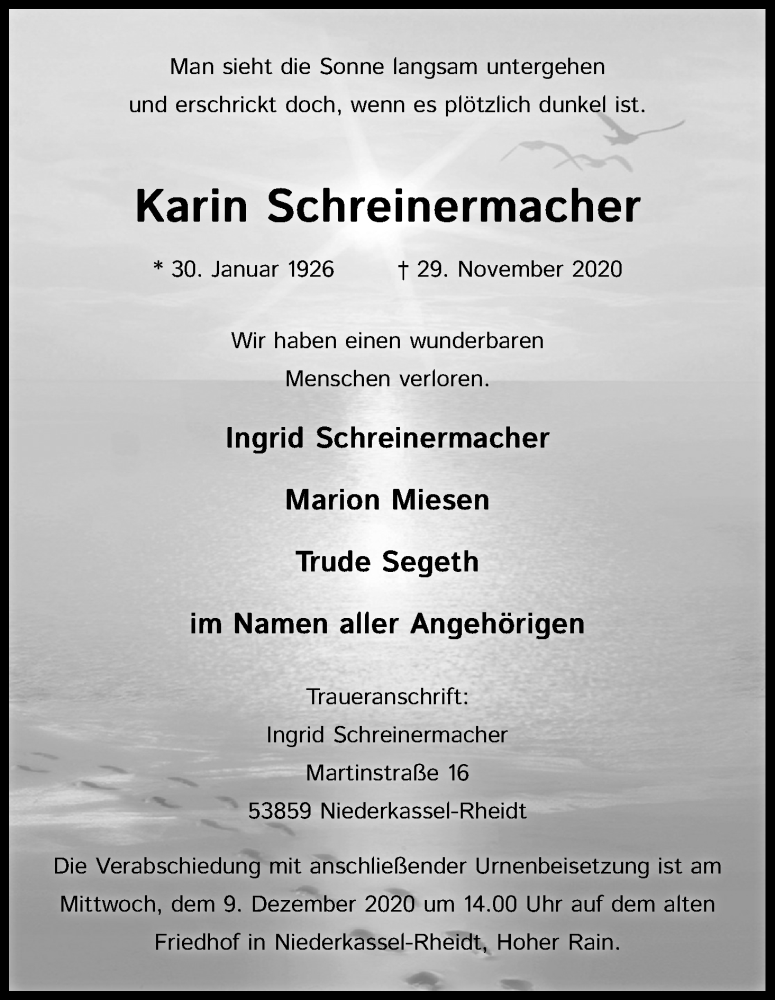  Traueranzeige für Karin Schreinermacher vom 05.12.2020 aus Kölner Stadt-Anzeiger / Kölnische Rundschau / Express