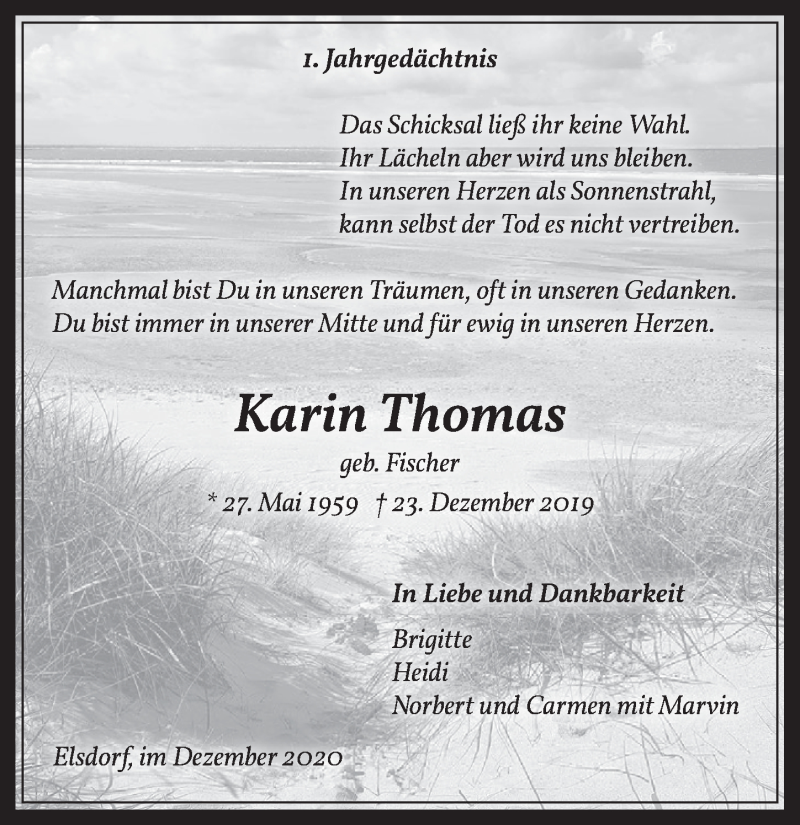  Traueranzeige für Karin Thomas vom 28.12.2020 aus  Werbepost 