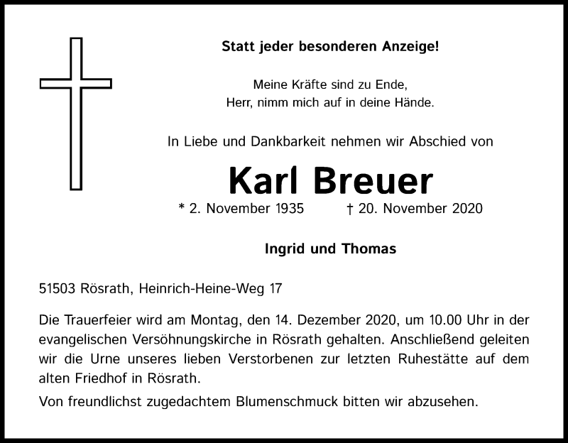  Traueranzeige für Karl Breuer vom 05.12.2020 aus Kölner Stadt-Anzeiger / Kölnische Rundschau / Express