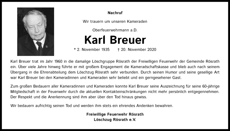  Traueranzeige für Karl Breuer vom 05.12.2020 aus Kölner Stadt-Anzeiger / Kölnische Rundschau / Express