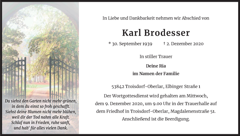  Traueranzeige für Karl Brodesser vom 05.12.2020 aus Kölner Stadt-Anzeiger / Kölnische Rundschau / Express