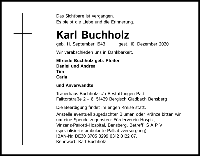  Traueranzeige für Karl Buchholz vom 15.12.2020 aus Kölner Stadt-Anzeiger / Kölnische Rundschau / Express