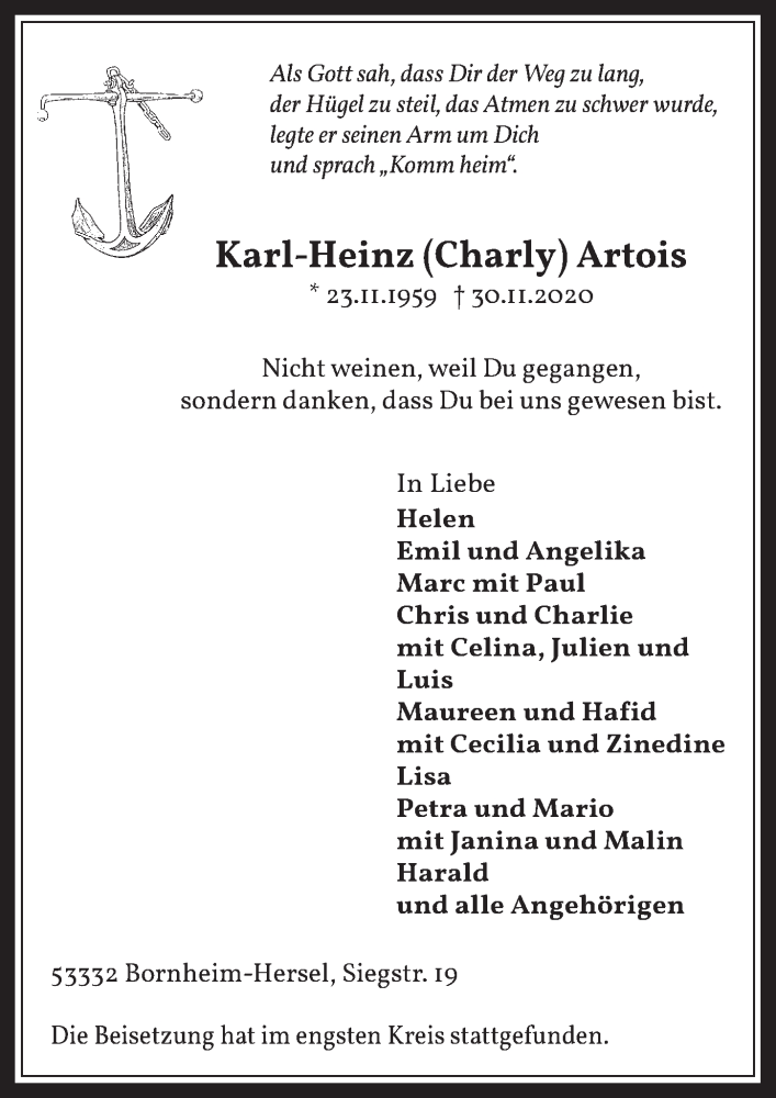  Traueranzeige für Karl-Heinz  Artois vom 11.12.2020 aus  Schaufenster/Blickpunkt 