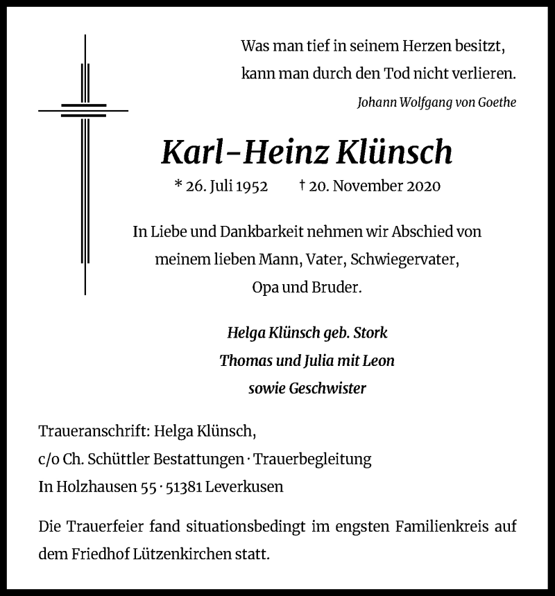  Traueranzeige für Karl-Heinz Klünsch vom 09.12.2020 aus Kölner Stadt-Anzeiger / Kölnische Rundschau / Express