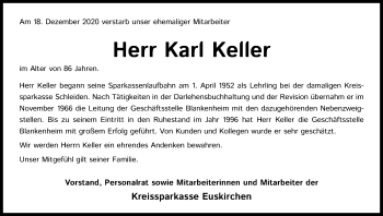 Anzeige von Karl Keller von Kölner Stadt-Anzeiger / Kölnische Rundschau / Express