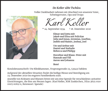Anzeige von Karl Keller von Kölner Stadt-Anzeiger / Kölnische Rundschau / Express