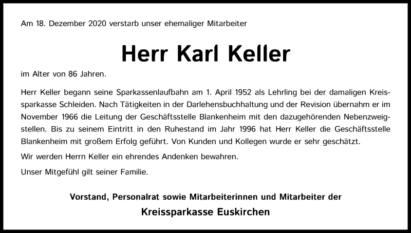  Traueranzeige für Karl Keller vom 24.12.2020 aus Kölner Stadt-Anzeiger / Kölnische Rundschau / Express