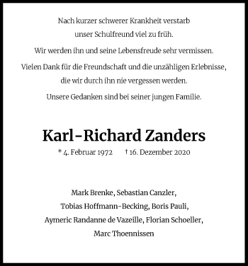 Anzeige von Karl-Richard Zanders von Kölner Stadt-Anzeiger / Kölnische Rundschau / Express