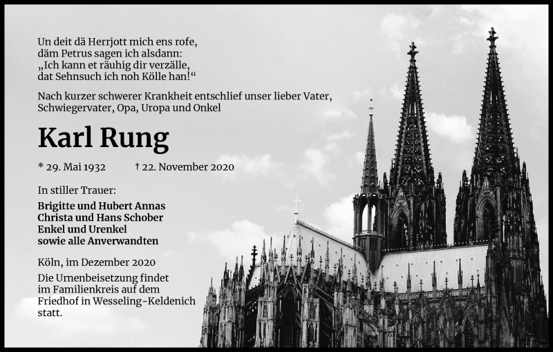  Traueranzeige für Karl Rung vom 12.12.2020 aus Kölner Stadt-Anzeiger / Kölnische Rundschau / Express