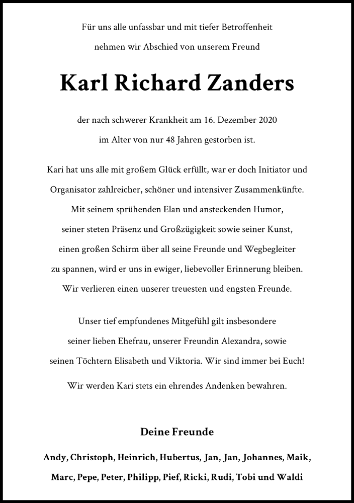  Traueranzeige für Karl Richard Zanders vom 28.12.2020 aus Kölner Stadt-Anzeiger / Kölnische Rundschau / Express
