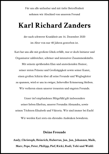 Anzeige von Karl Richard Zanders von Kölner Stadt-Anzeiger / Kölnische Rundschau / Express