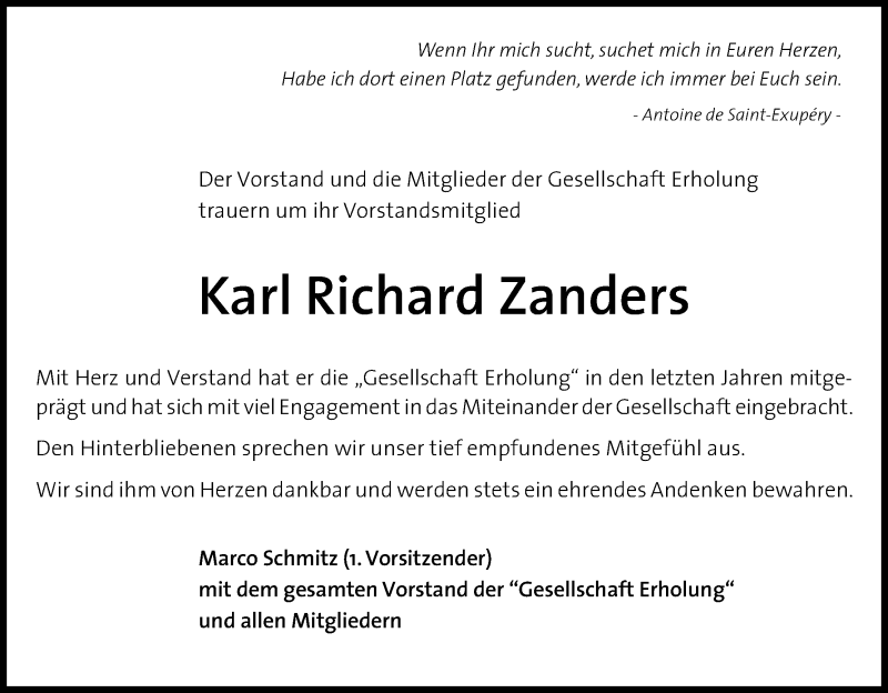  Traueranzeige für Karl Richard Zanders vom 28.12.2020 aus Kölner Stadt-Anzeiger / Kölnische Rundschau / Express