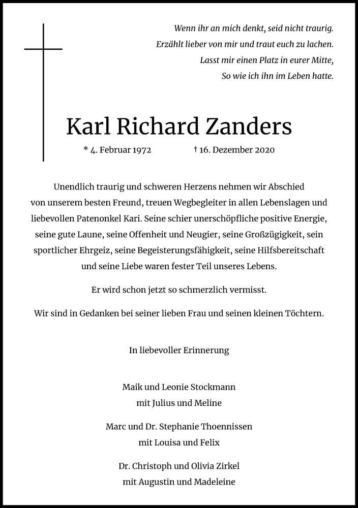  Traueranzeige für Karl Richard Zanders vom 28.12.2020 aus Kölner Stadt-Anzeiger / Kölnische Rundschau / Express