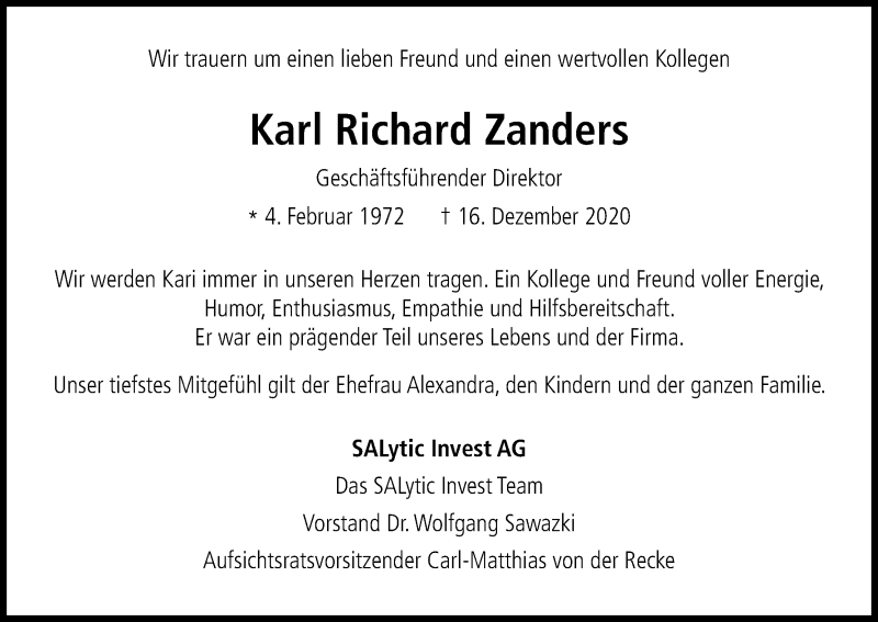  Traueranzeige für Karl Richard Zanders vom 28.12.2020 aus Kölner Stadt-Anzeiger / Kölnische Rundschau / Express
