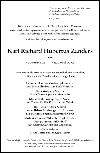 Anzeige von Karl Richard Hubertus Zanders von Kölner Stadt-Anzeiger / Kölnische Rundschau / Express