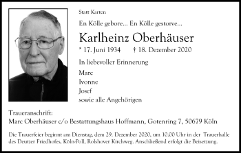 Anzeige von Karlheinz Oberhäuser von Kölner Stadt-Anzeiger / Kölnische Rundschau / Express