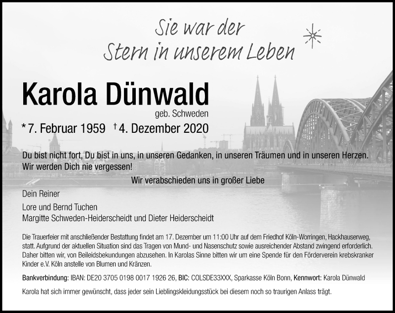  Traueranzeige für Karola Dünwald vom 12.12.2020 aus Kölner Stadt-Anzeiger / Kölnische Rundschau / Express