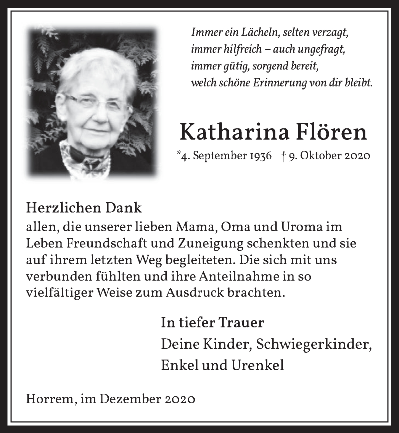 Traueranzeige für Katharina Flören vom 11.12.2020 aus  Werbepost 