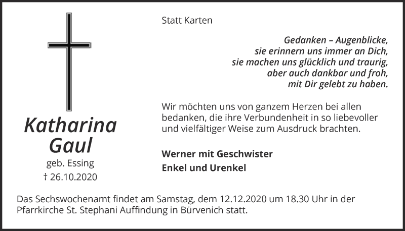 Traueranzeige für Katharina Gaul vom 05.12.2020 aus  Blickpunkt Euskirchen 