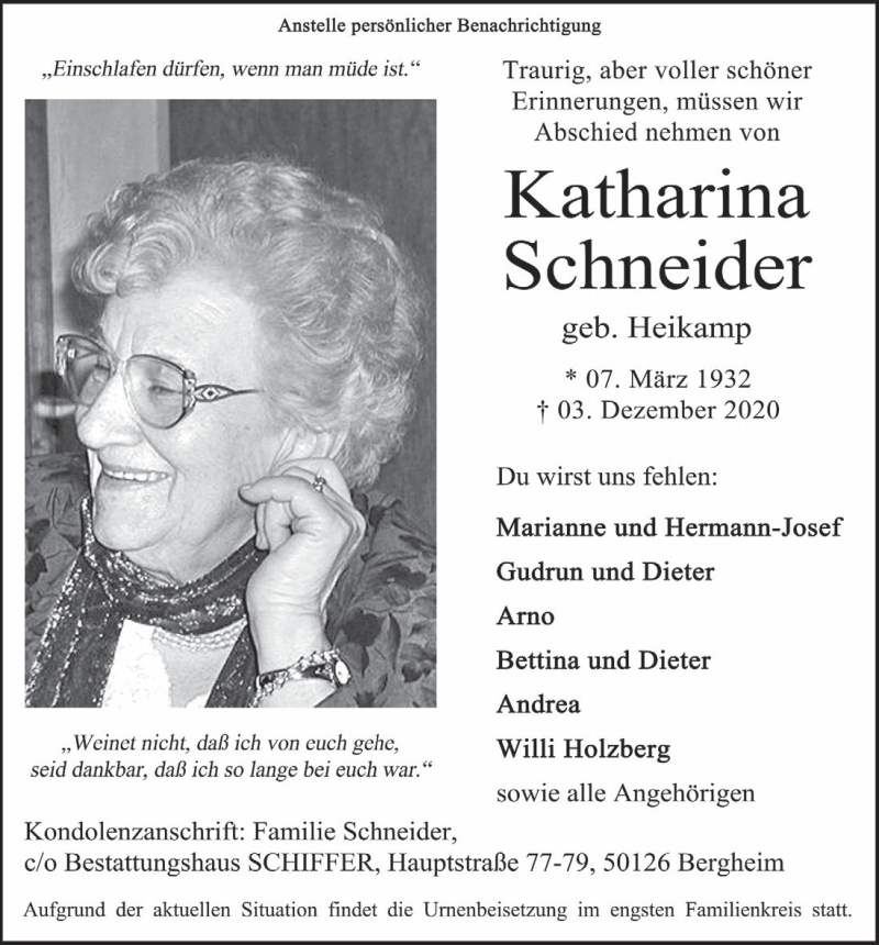  Traueranzeige für Katharina Schneider vom 11.12.2020 aus  Werbepost 