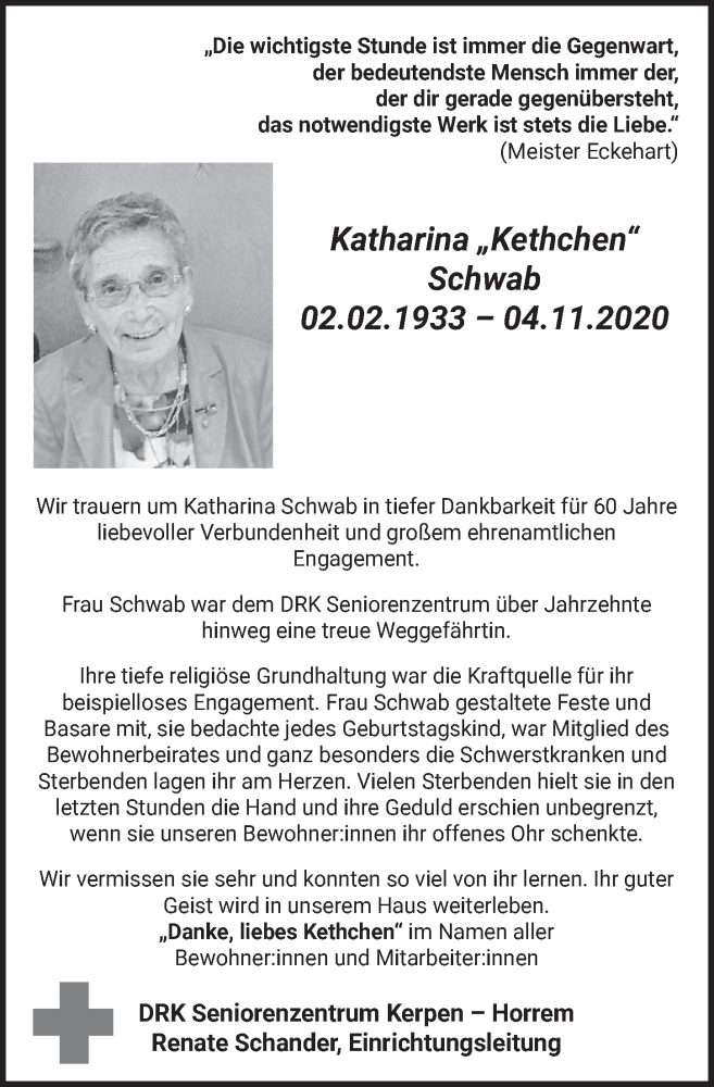  Traueranzeige für Katharina Schwab vom 04.12.2020 aus  Werbepost 