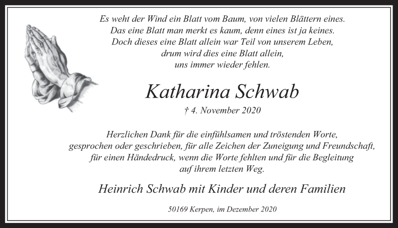  Traueranzeige für Katharina Schwab vom 18.12.2020 aus  Werbepost 