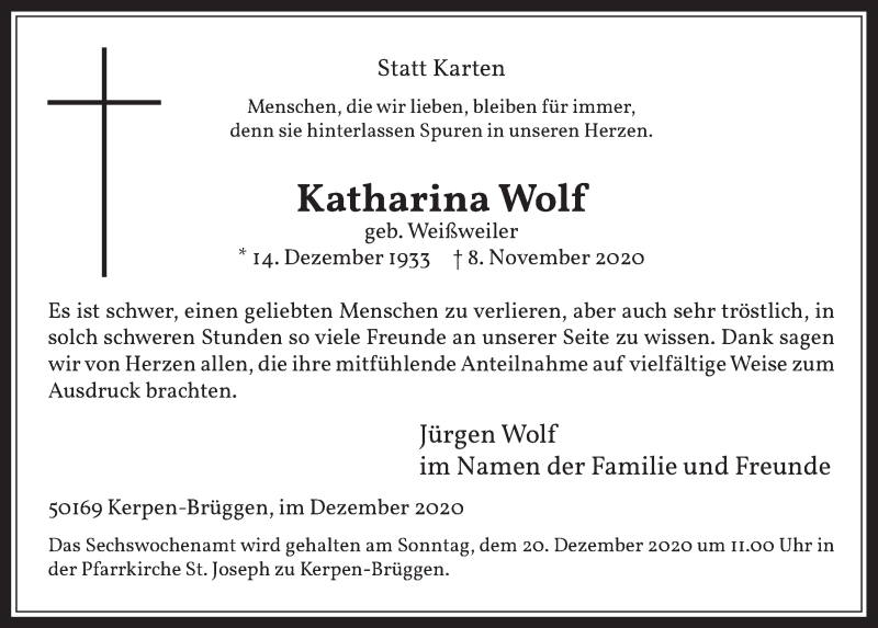  Traueranzeige für Katharina Wolf vom 11.12.2020 aus  Werbepost 