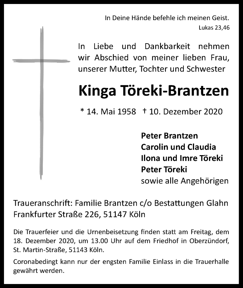  Traueranzeige für Kinga Töreki-Brantzen vom 16.12.2020 aus Kölner Stadt-Anzeiger / Kölnische Rundschau / Express