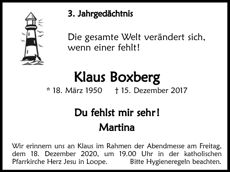  Traueranzeige für Klaus Boxberg vom 12.12.2020 aus Kölner Stadt-Anzeiger / Kölnische Rundschau / Express