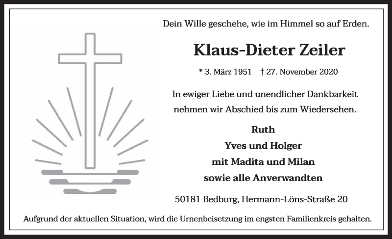 Traueranzeige für Klaus-Dieter Zeiler vom 11.12.2020 aus  Werbepost 