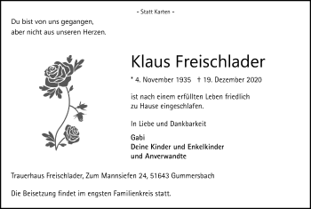 Anzeige von Klaus Freischlader von Kölner Stadt-Anzeiger / Kölnische Rundschau / Express