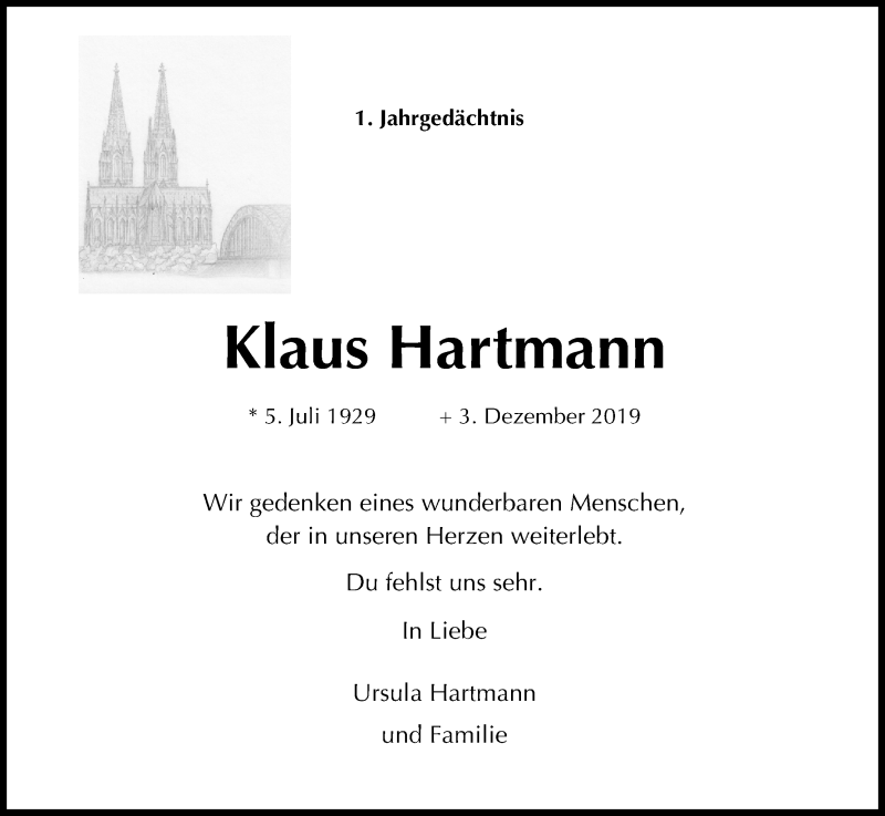  Traueranzeige für Klaus Hartmann vom 05.12.2020 aus Kölner Stadt-Anzeiger / Kölnische Rundschau / Express
