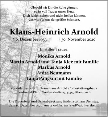 Anzeige von Klaus-Heinrich Arnold von  Schaufenster/Blickpunkt 