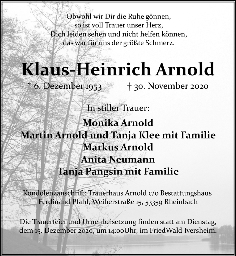  Traueranzeige für Klaus-Heinrich Arnold vom 11.12.2020 aus  Schaufenster/Blickpunkt 
