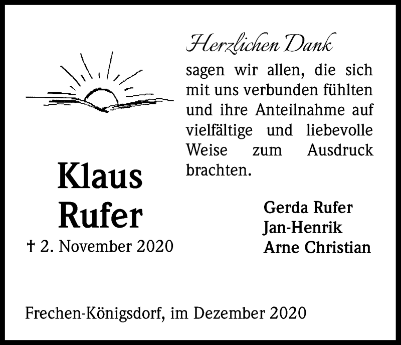  Traueranzeige für Klaus Rufer vom 05.12.2020 aus Kölner Stadt-Anzeiger / Kölnische Rundschau / Express