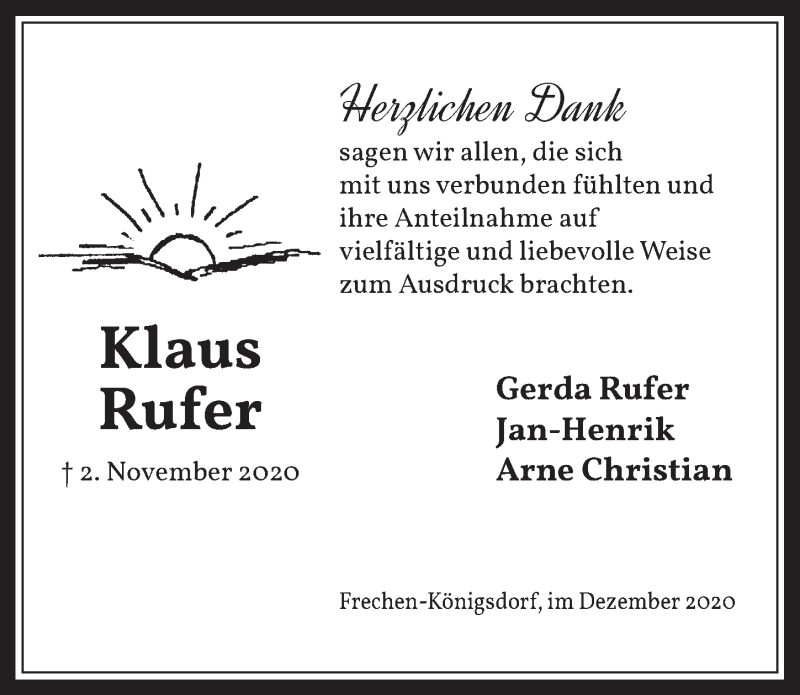  Traueranzeige für Klaus Rufer vom 04.12.2020 aus  Wochenende 