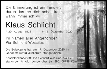Anzeige von Klaus Schlicht von Kölner Stadt-Anzeiger / Kölnische Rundschau / Express