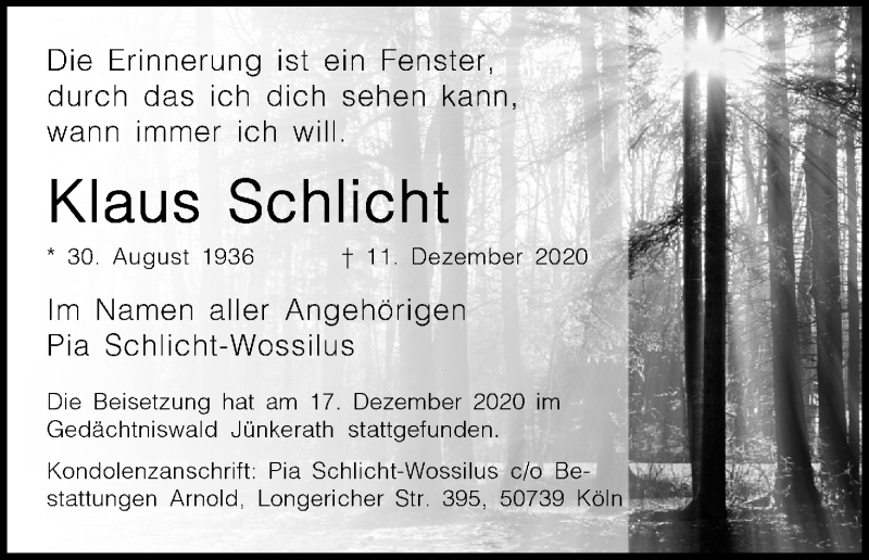  Traueranzeige für Klaus Schlicht vom 19.12.2020 aus Kölner Stadt-Anzeiger / Kölnische Rundschau / Express