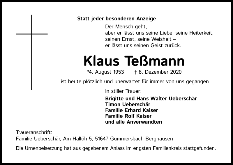  Traueranzeige für Klaus Teßmann vom 19.12.2020 aus Kölner Stadt-Anzeiger / Kölnische Rundschau / Express