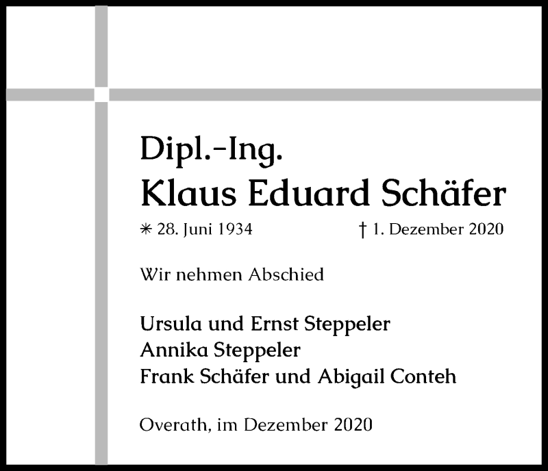  Traueranzeige für Klaus Eduard Schäfer vom 12.12.2020 aus Kölner Stadt-Anzeiger / Kölnische Rundschau / Express