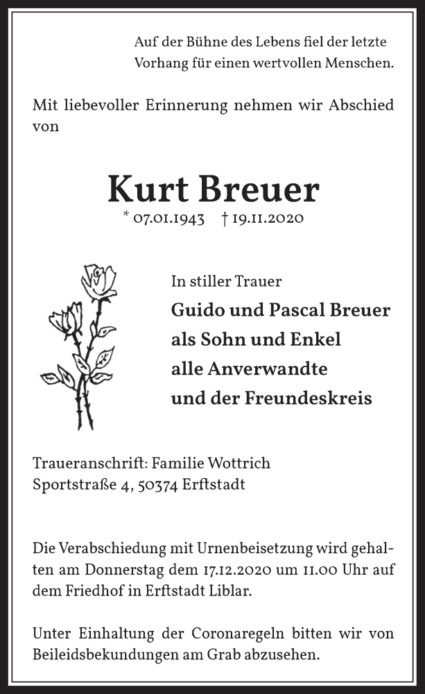  Traueranzeige für Kurt Breuer vom 11.12.2020 aus  Werbepost 