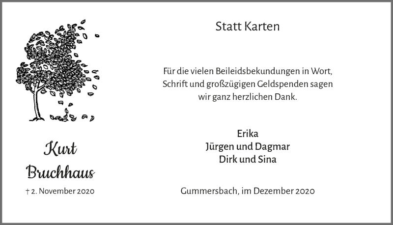  Traueranzeige für Kurt Bruchhaus vom 11.12.2020 aus  Anzeigen Echo 
