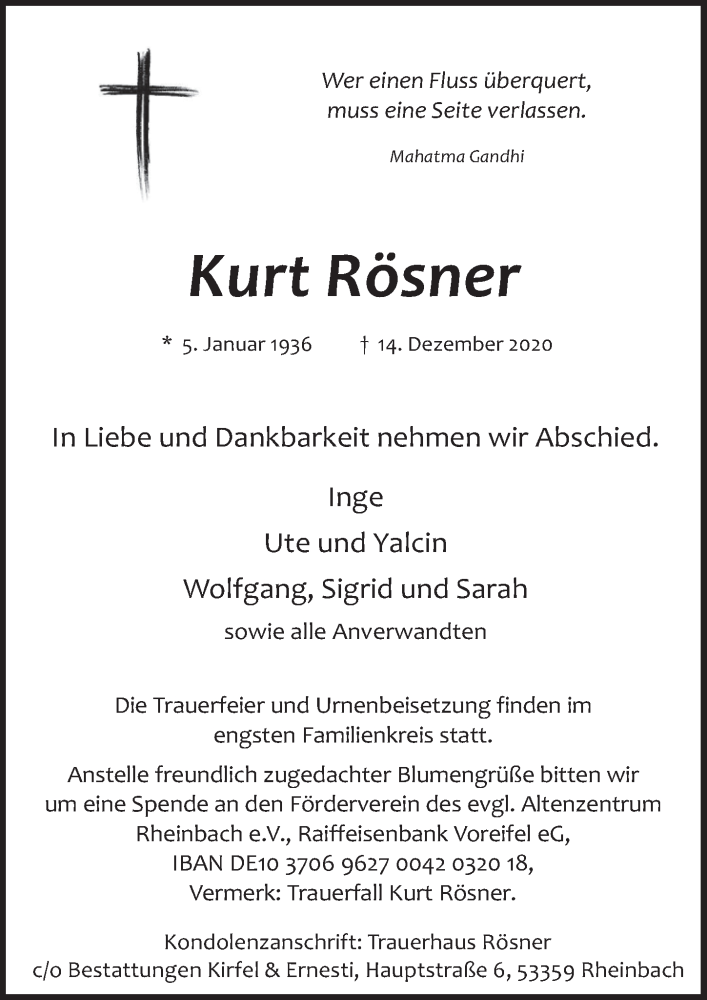  Traueranzeige für Kurt Rösner vom 18.12.2020 aus  Schaufenster/Blickpunkt 
