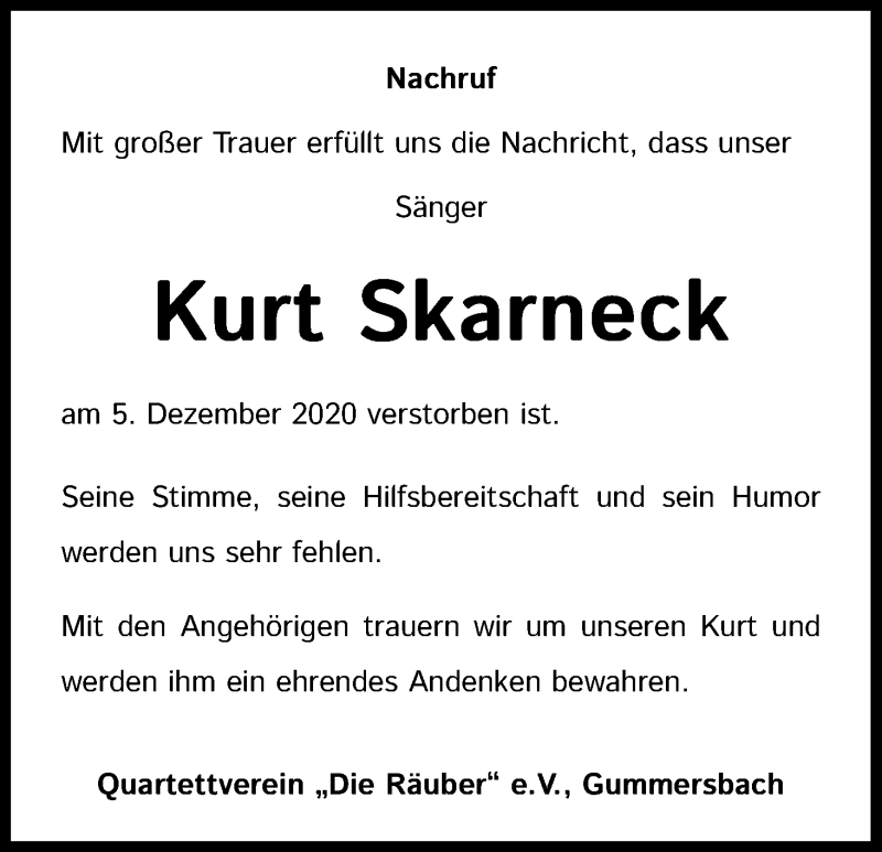 Traueranzeige für Kurt Skarneck vom 11.12.2020 aus Kölner Stadt-Anzeiger / Kölnische Rundschau / Express