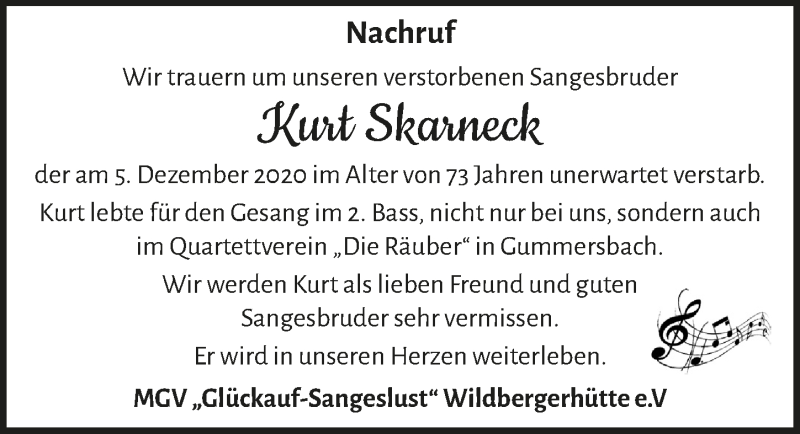  Traueranzeige für Kurt Skarneck vom 11.12.2020 aus  Anzeigen Echo 