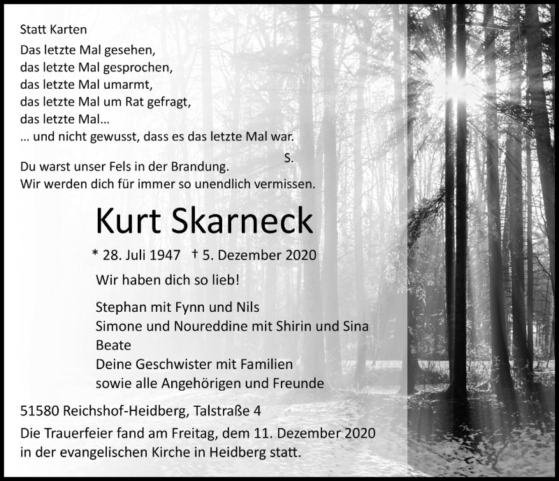  Traueranzeige für Kurt Skarneck vom 11.12.2020 aus  Anzeigen Echo 