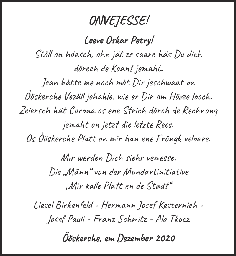  Traueranzeige für Leeve Oskar Petry vom 19.12.2020 aus  Blickpunkt Euskirchen 