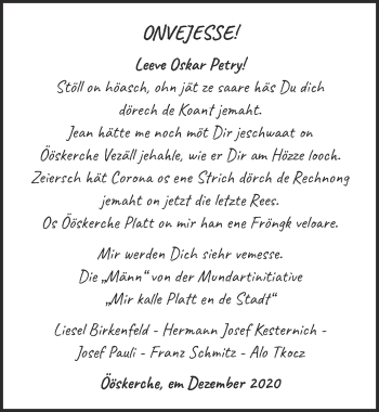 Anzeige von Leeve Oskar Petry von  Blickpunkt Euskirchen 