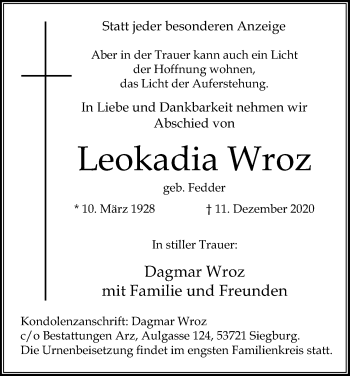Anzeige von Leokadia Wroz von Kölner Stadt-Anzeiger / Kölnische Rundschau / Express