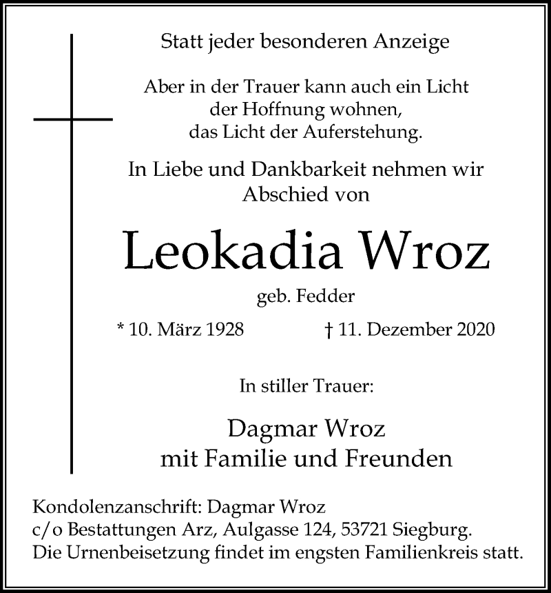  Traueranzeige für Leokadia Wroz vom 19.12.2020 aus Kölner Stadt-Anzeiger / Kölnische Rundschau / Express